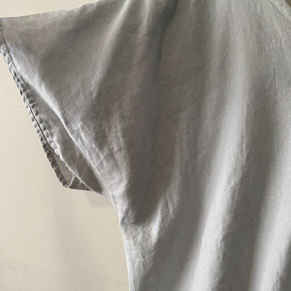 Handmade Plus Size 100% Linen Blue Grey Patch Pocket Floral Appliqué Dress - Picture 6 of 16